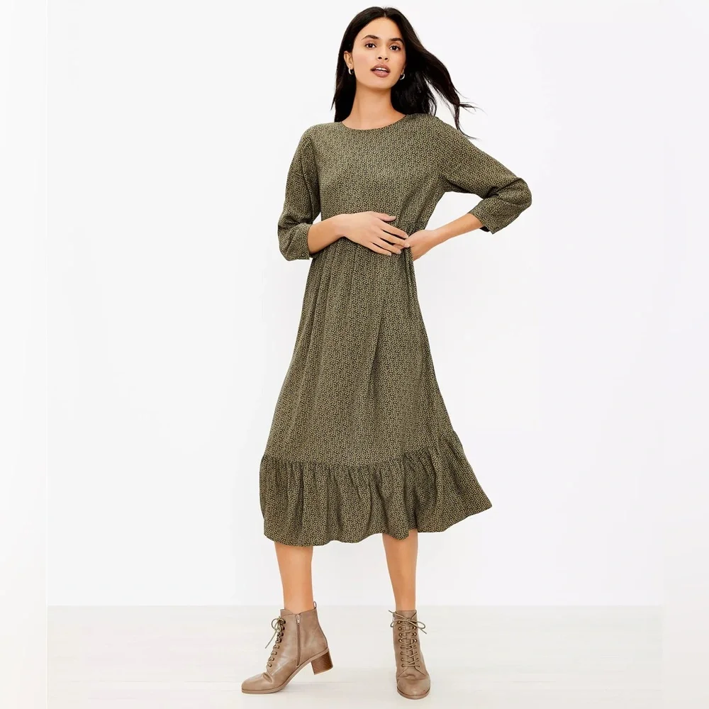 LOFT Olive Midi Dress with Ruffle Hem and 3/4 Sleeves, Medium - Picture 1 of 12